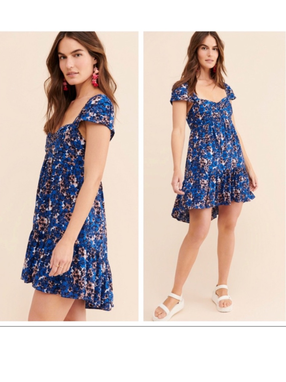Free People Blue Floral Square-Neck Babydoll Mini Dress